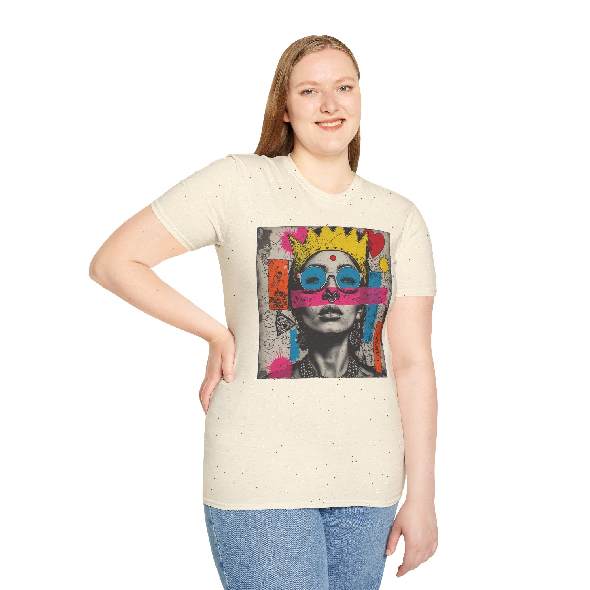 Abstract Pop Art Portrait T-Shirt — Neon Crown & Sunglasses Graphic