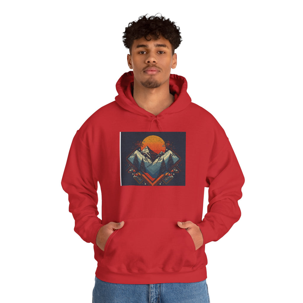 Mountain Sunset Hoodie – Retro Geometric Peaks & Rising Sun Sweatshirt