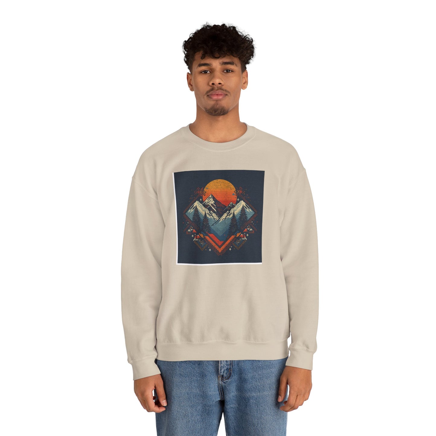 Mountain Sunset Crewneck Sweatshirt — Retro Geometric Peaks Graphic
