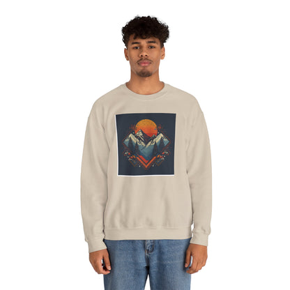 Mountain Sunset Crewneck Sweatshirt — Retro Geometric Peaks Graphic