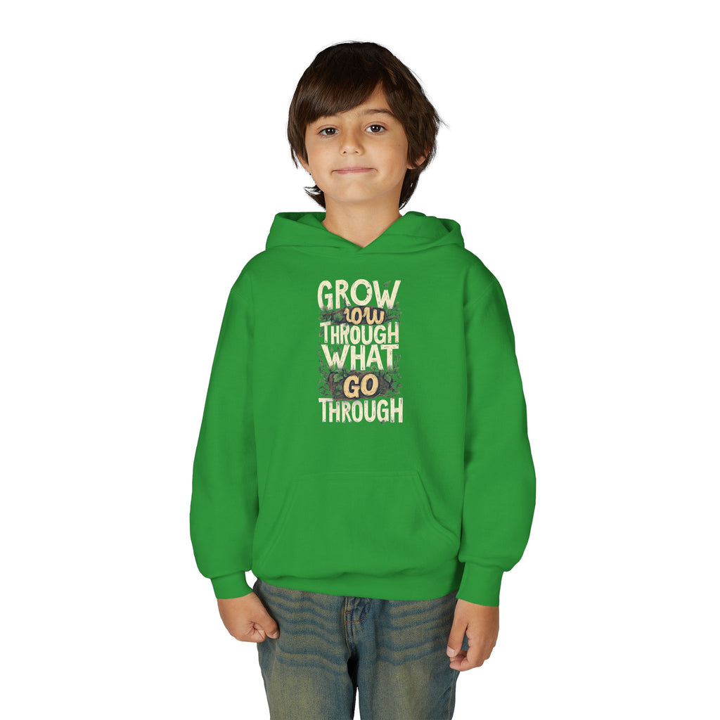 Youth Hoodie — 'Grow Slow, Go Through' Floral Motivational Hooded Sweatshirt