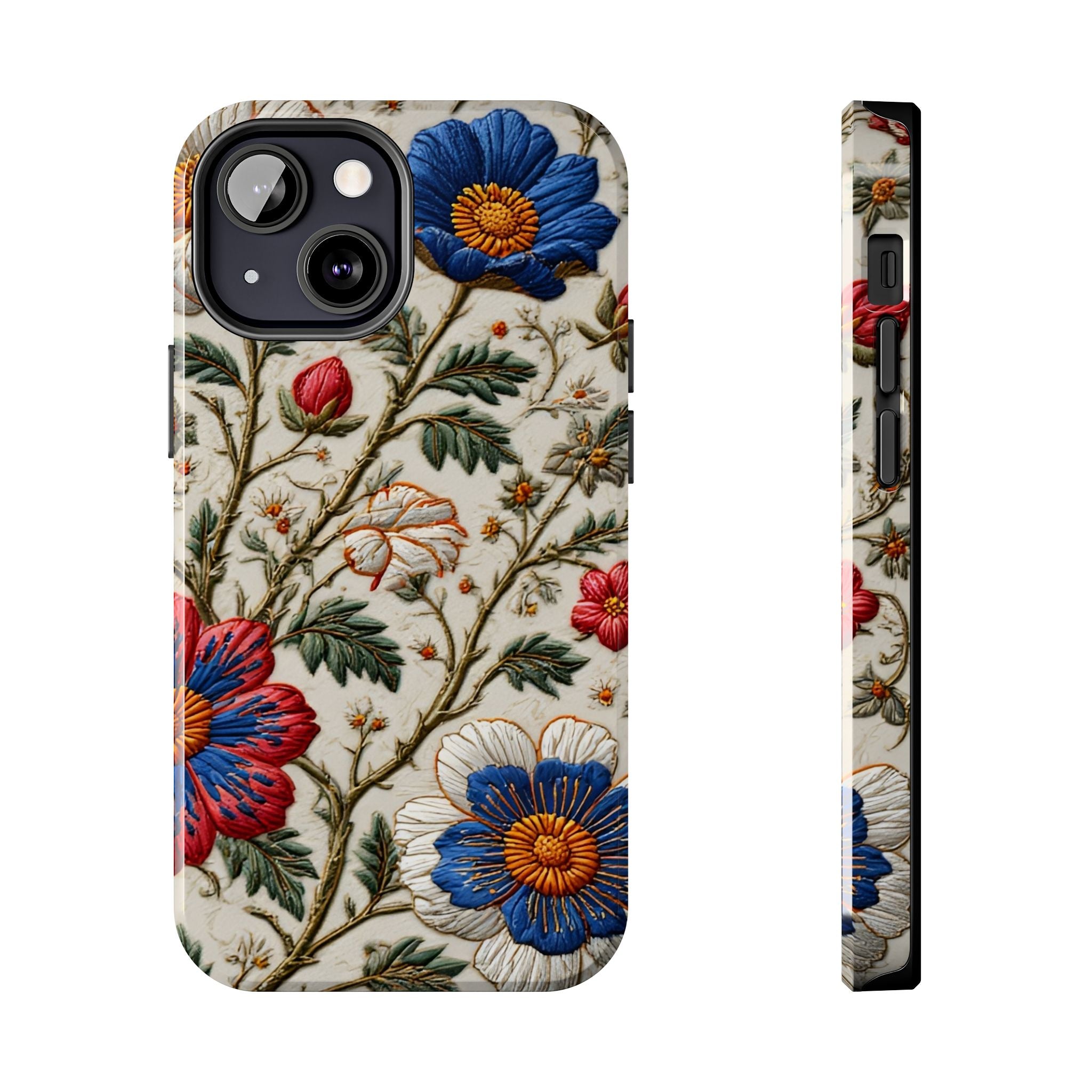 Floral Embroidery Tough Phone Case — Vintage Blue & Red Garden Design