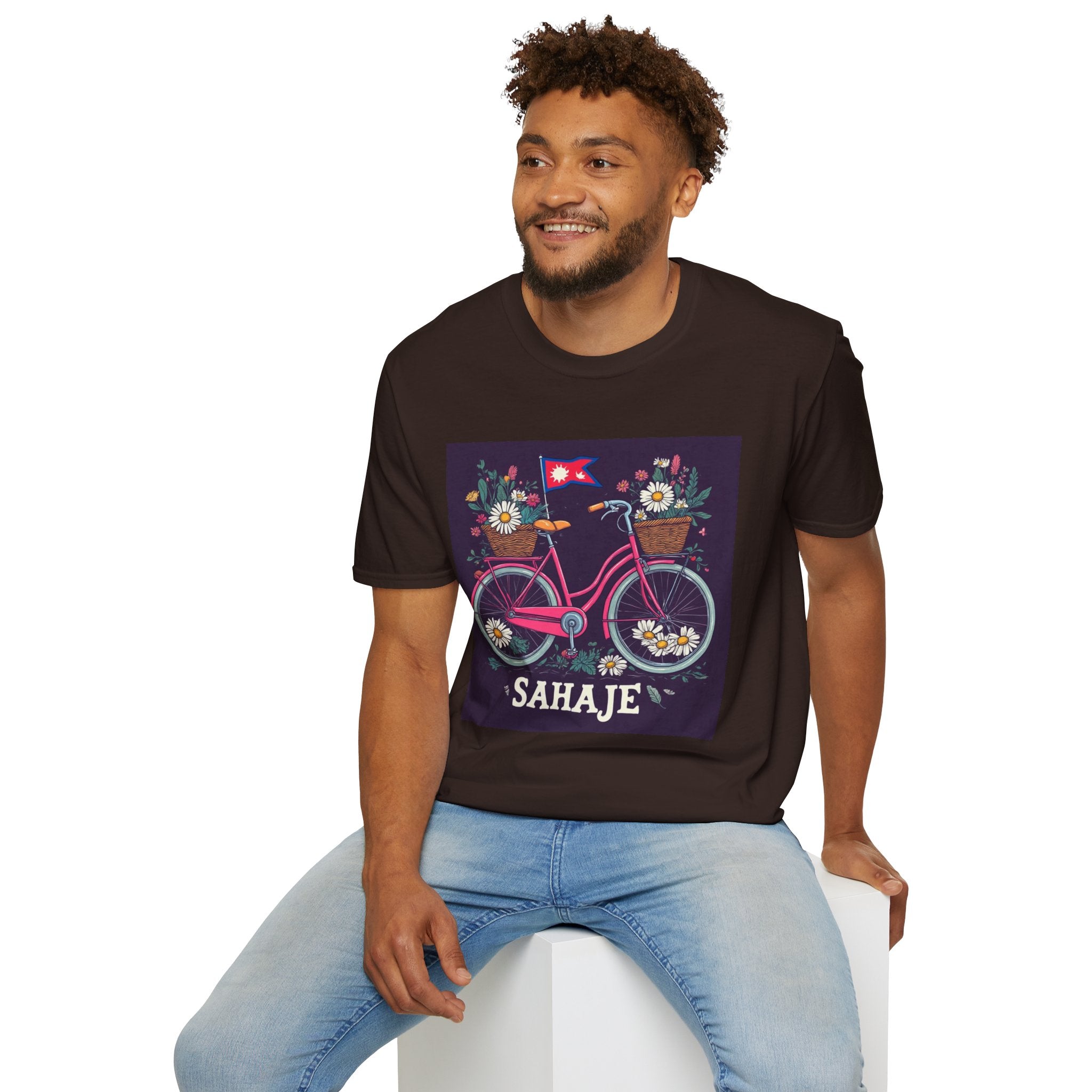 Bicycle Floral T-Shirt – Pink Bike with Baskets & "Sahaje" Text