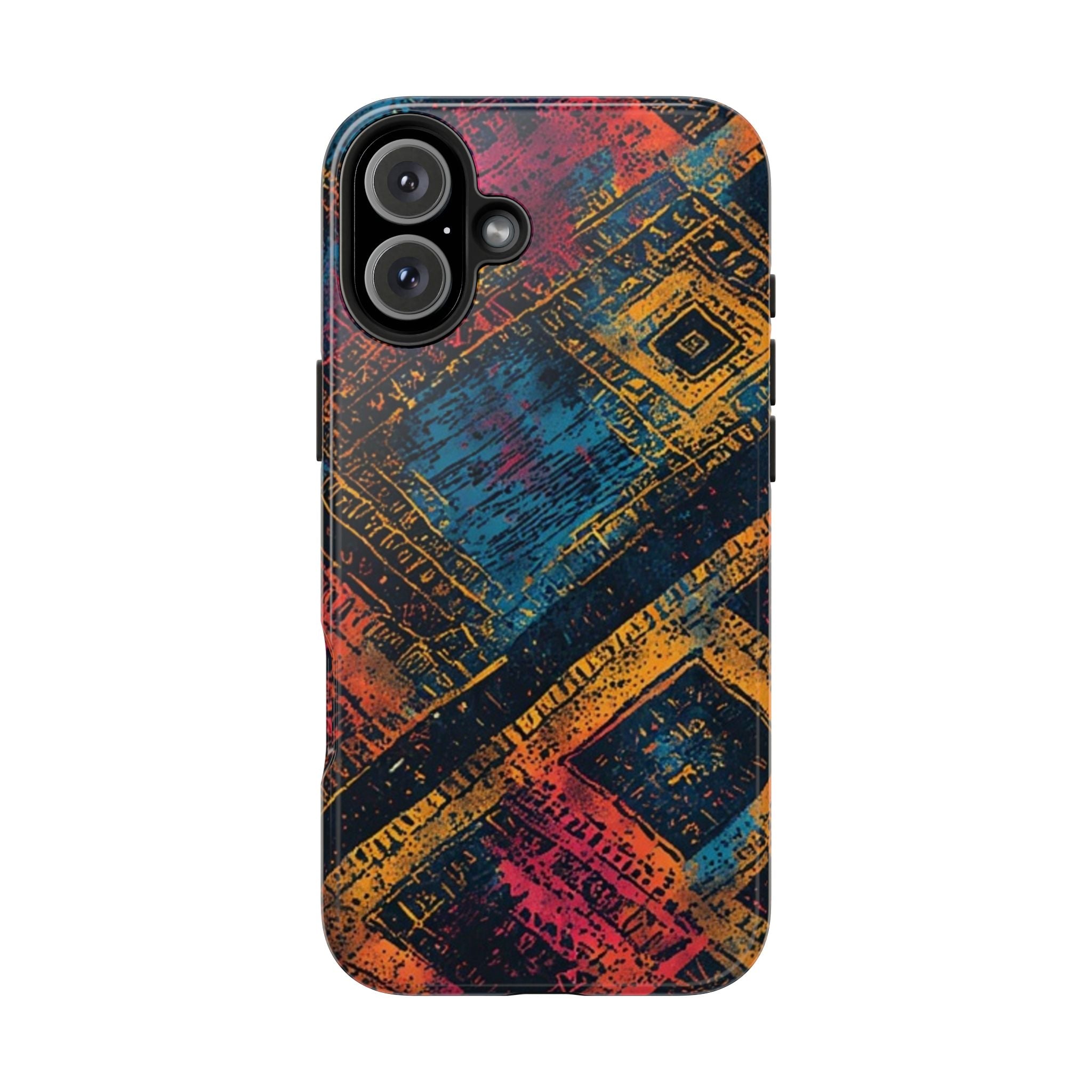 Tough Phone Case – Abstract Rustic Geometric Design (Blue, Orange, Magenta)