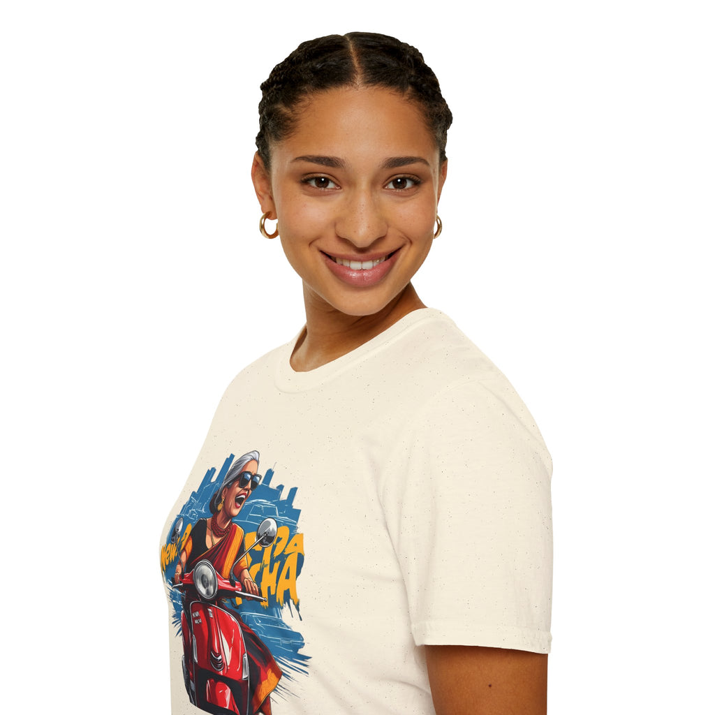 Newa Maicha Riding Scooter T-Shirt – Newari Woman in New York Graphic Tee, Cultural & Urban Design