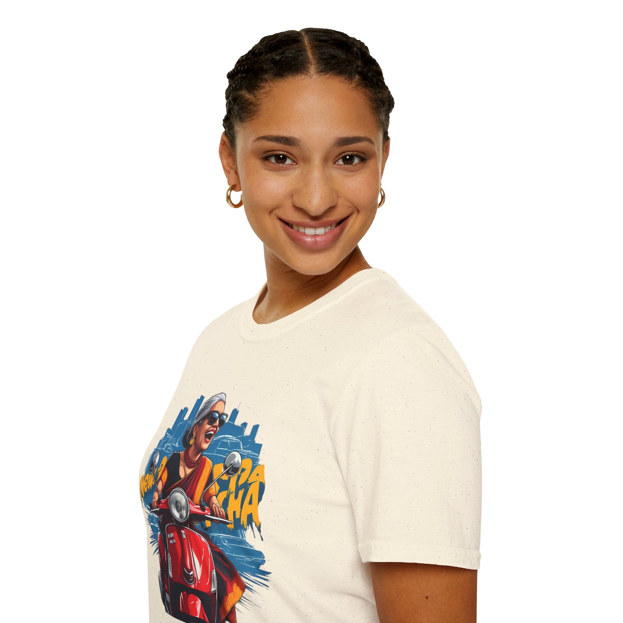 Newa Maicha Riding Scooter T-Shirt – Newari Woman in New York Graphic Tee, Cultural & Urban Design
