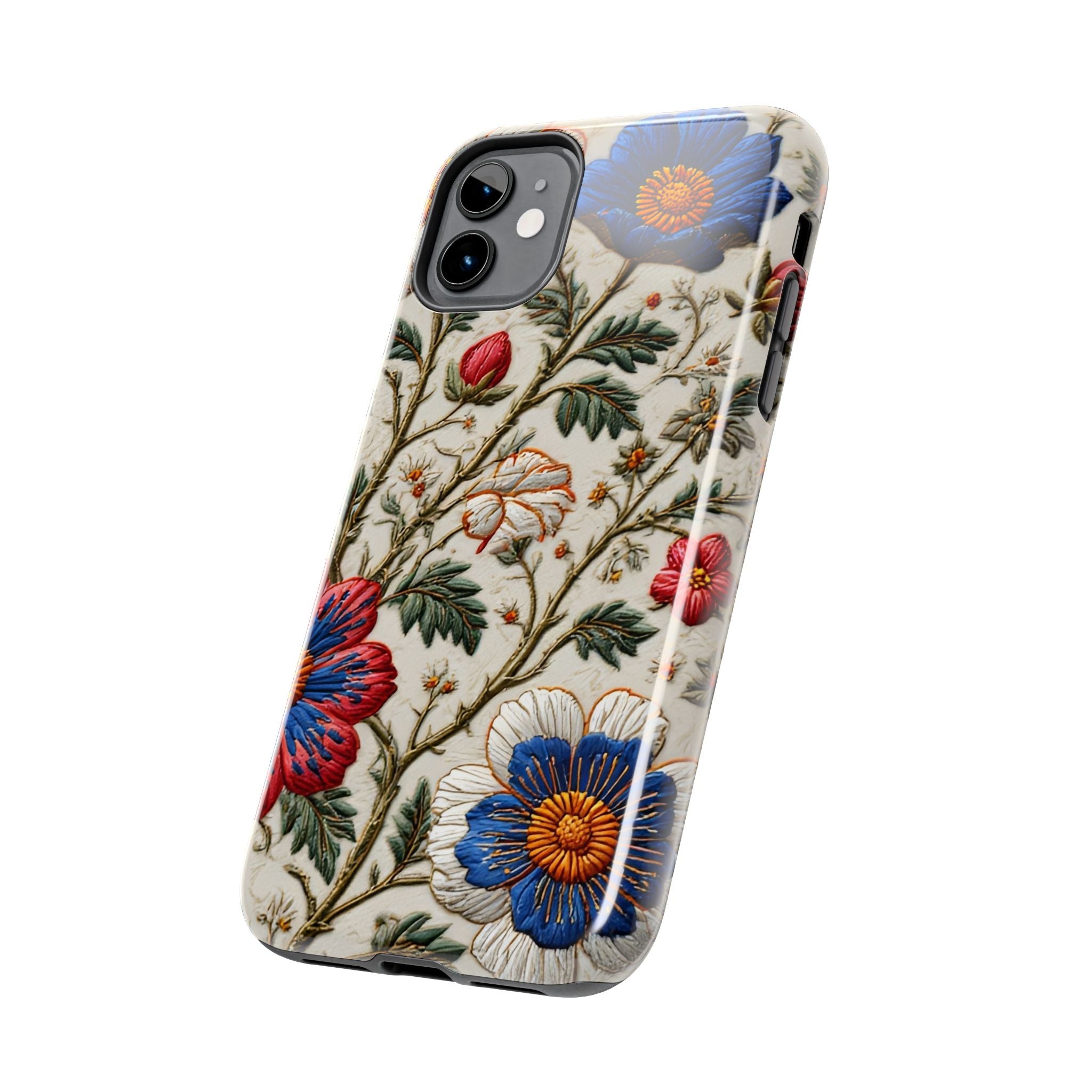 Floral Embroidery Tough Phone Case — Vintage Blue & Red Garden Design