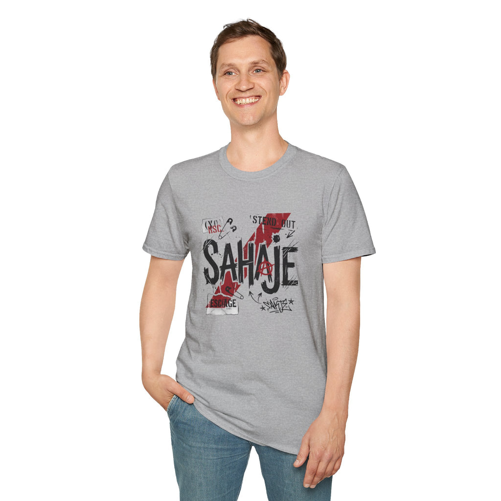 SAHAJE Graphic T‑Shirt — Distressed Red Accent Streetwear Tee