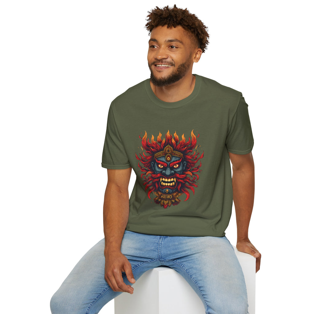 Flaming Demon Mask T-Shirt — Fierce Tattoo-Style Graphic Tee