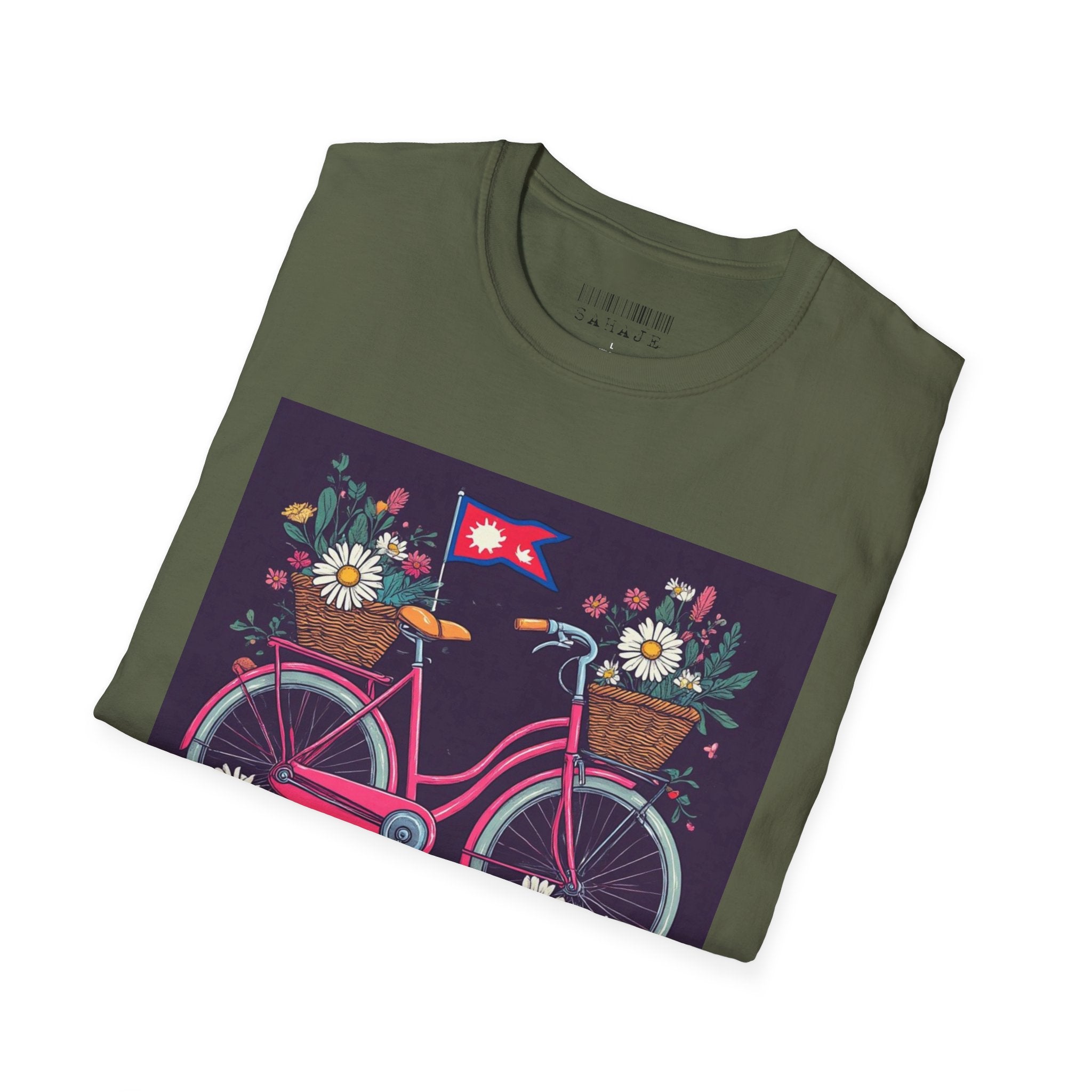 Bicycle Floral T-Shirt – Pink Bike with Baskets & "Sahaje" Text