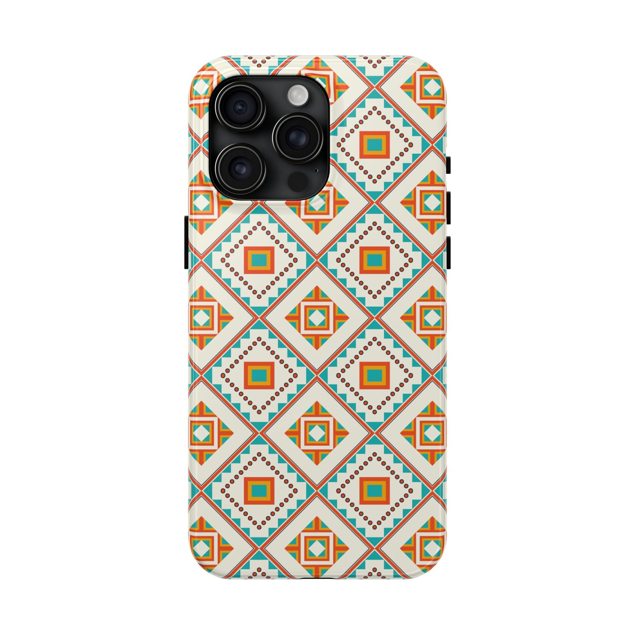 Tough Phone Case — Geometric Retro Tile Pattern, Orange & Teal Protective Cover