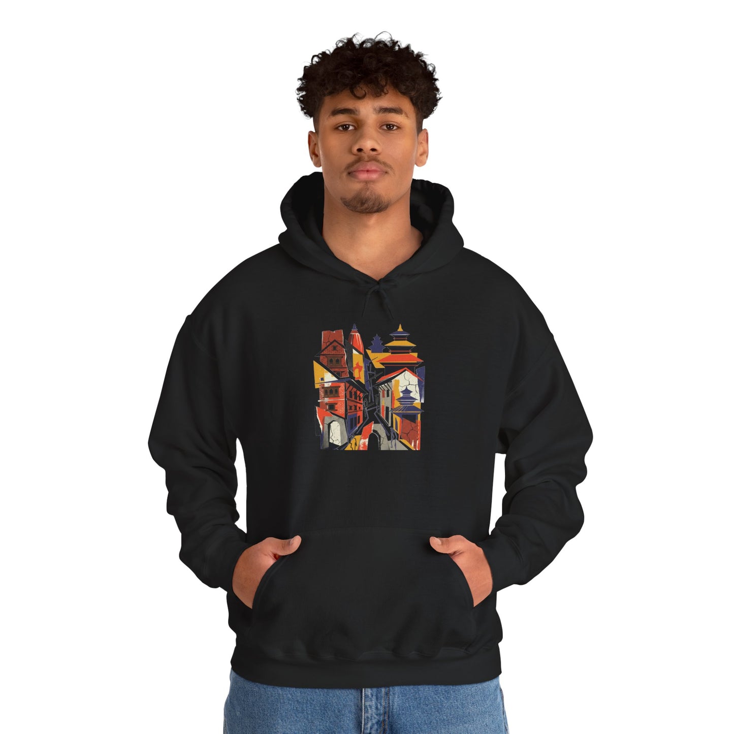 Cityscape Collage Hoodie — Colorful Urban Architecture Graphic Hoodie