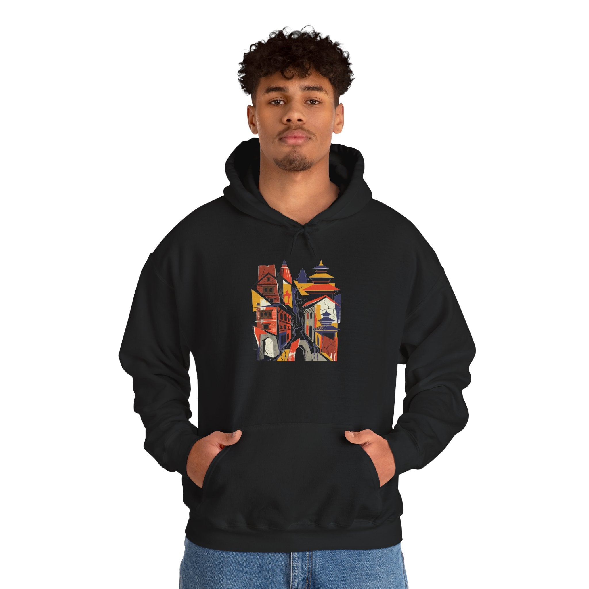 Cityscape Collage Hoodie — Colorful Urban Architecture Graphic Hoodie