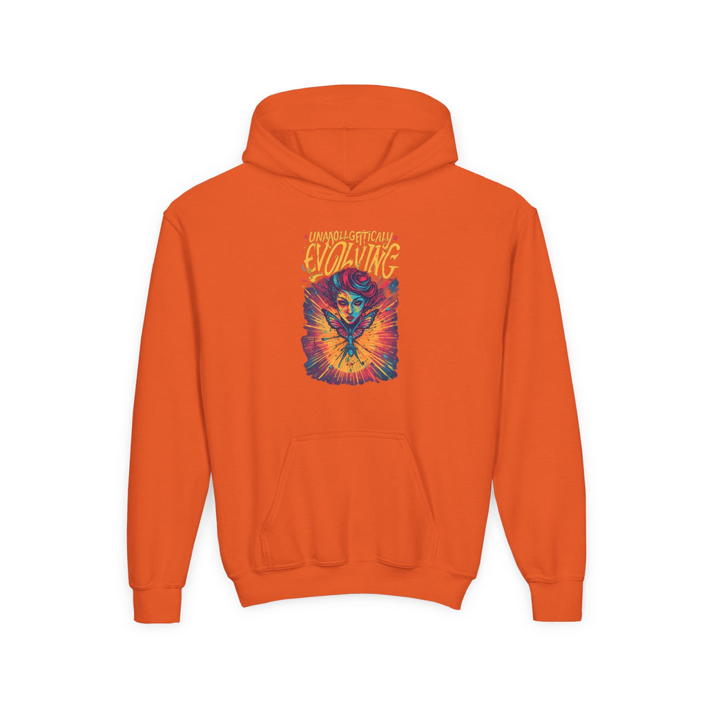 Youth Hoodie — Vibrant 'Evolving' Butterfly Girl Graphic Sweatshirt