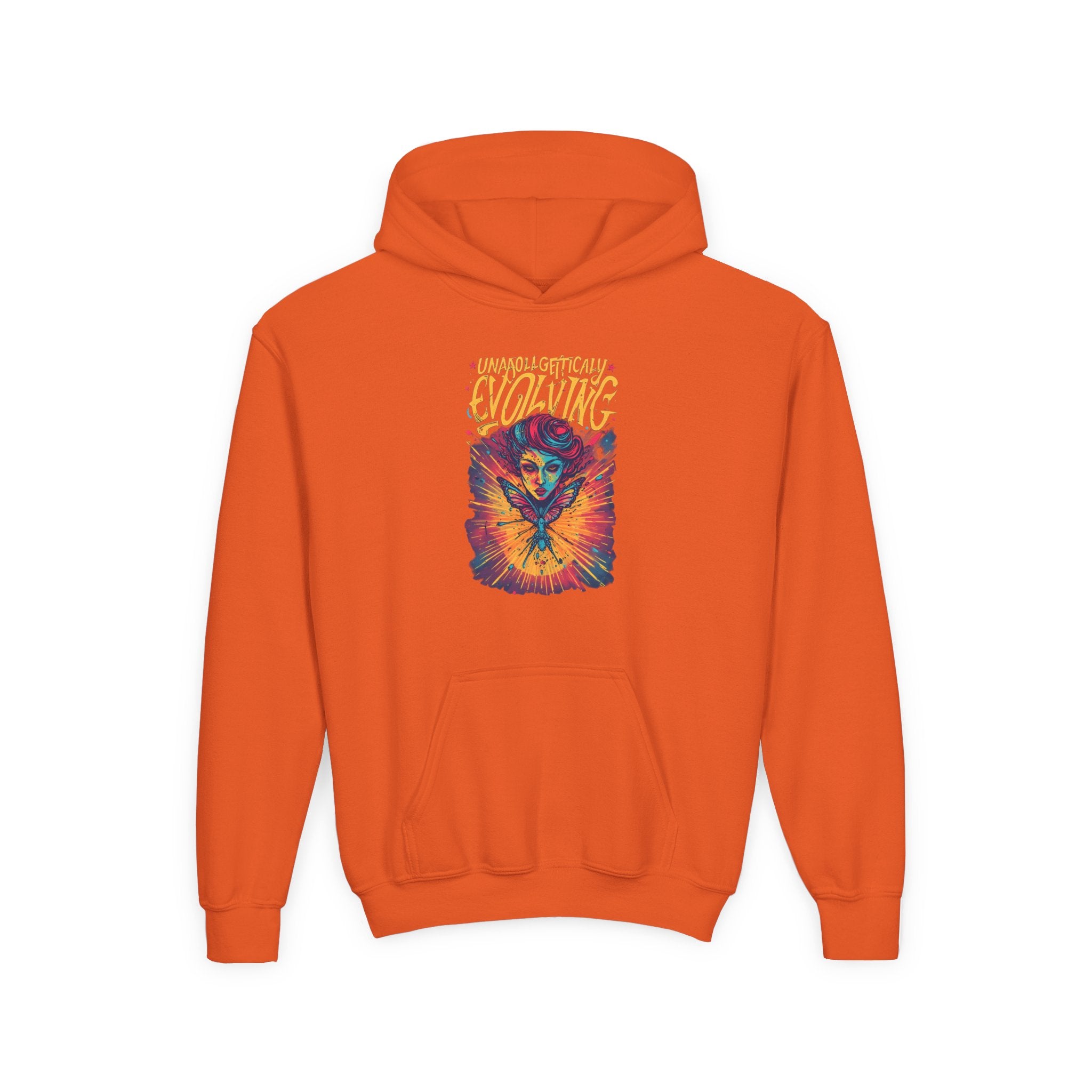 Youth Hoodie — Vibrant 'Evolving' Butterfly Girl Graphic Sweatshirt