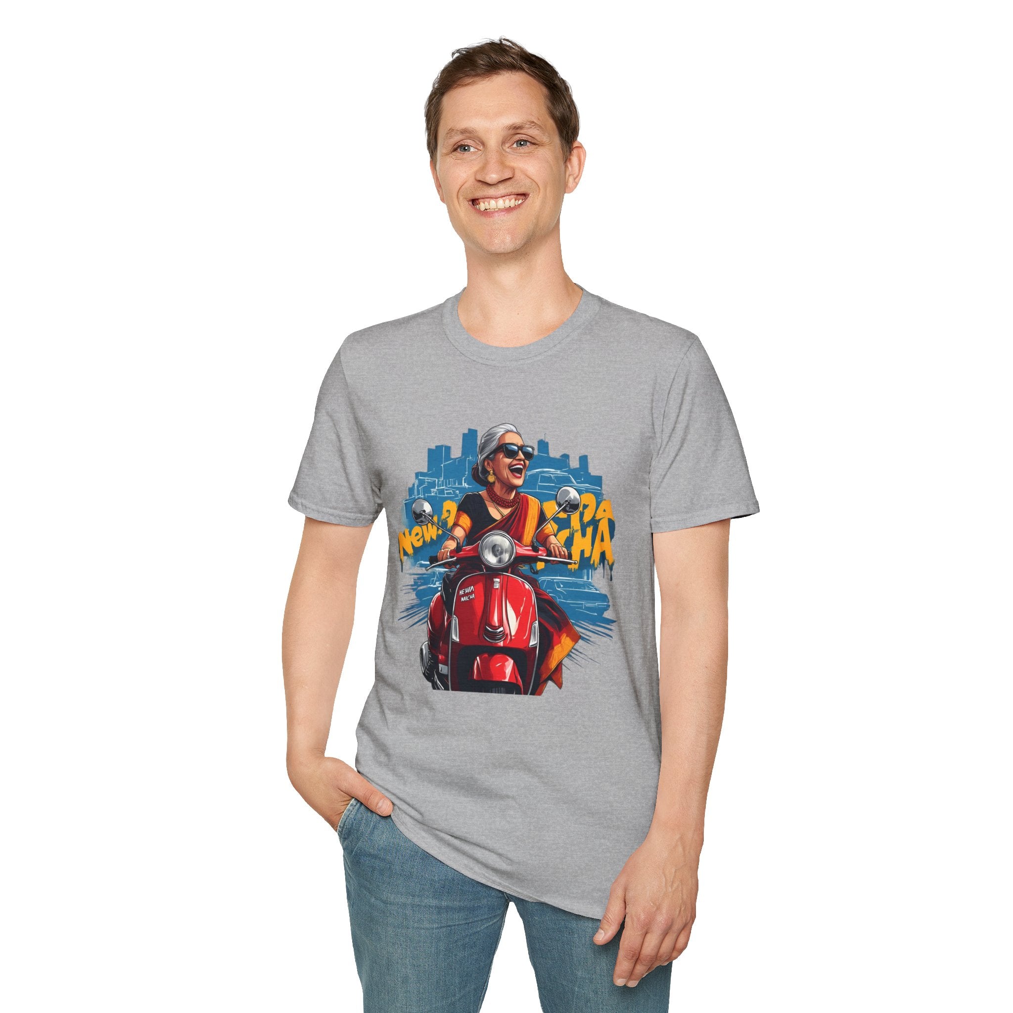 Newa Maicha Riding Scooter T-Shirt – Newari Woman in New York Graphic Tee, Cultural & Urban Design
