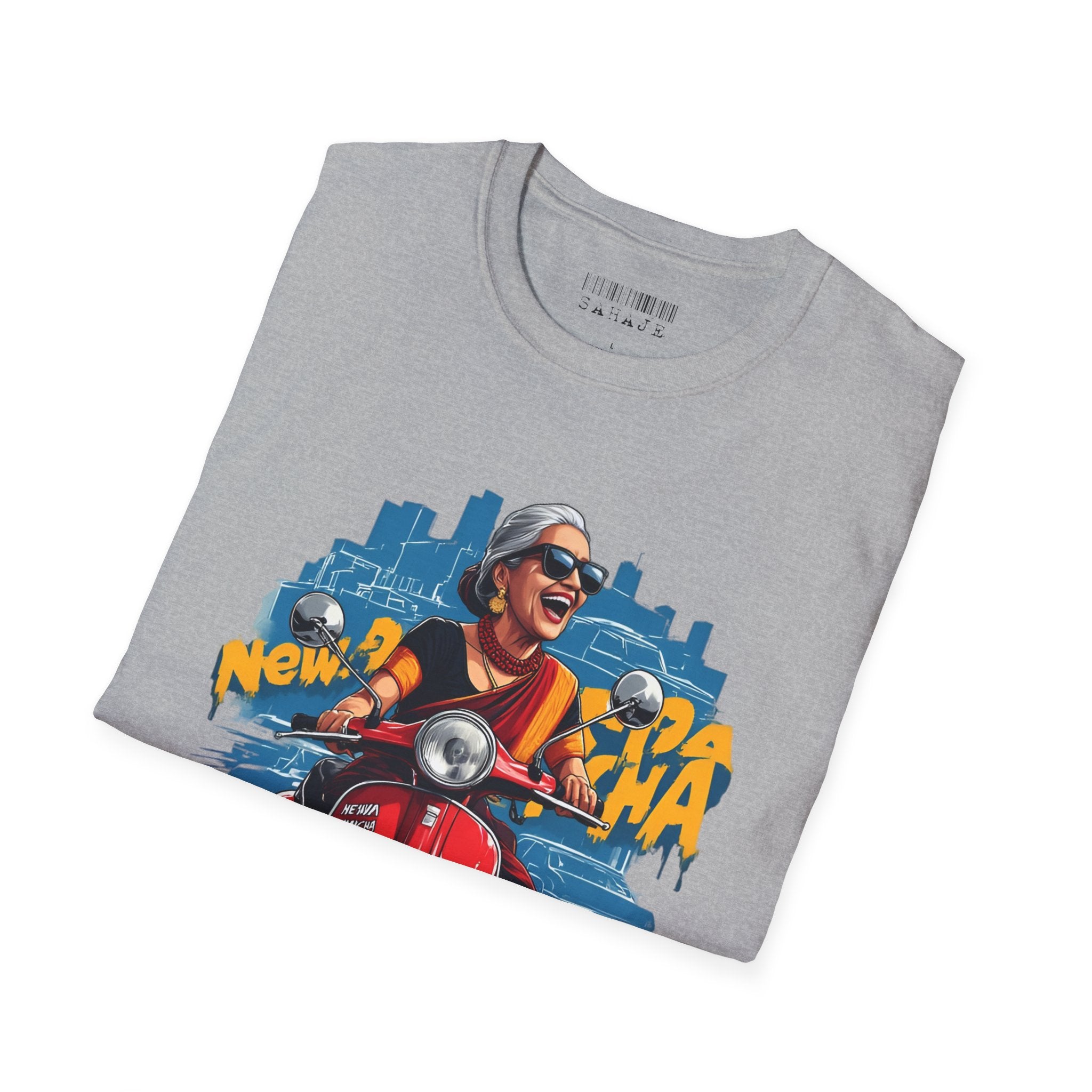 Newa Maicha Riding Scooter T-Shirt – Newari Woman in New York Graphic Tee, Cultural & Urban Design