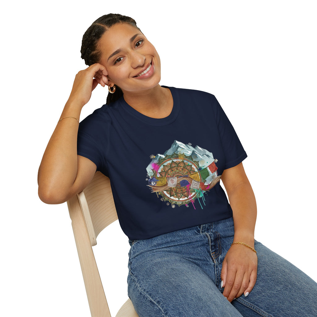 Adventure Compass T-Shirt — Mountain Compass with Prayer Flags & Colorful Globe