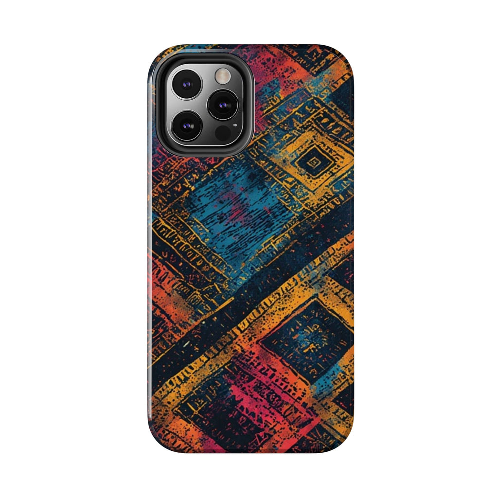 Tough Phone Case – Abstract Rustic Geometric Design (Blue, Orange, Magenta)