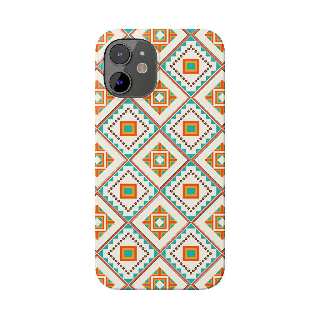 Slim Phone Case — Retro Geometric Tile Pattern (Turquoise & Orange)
