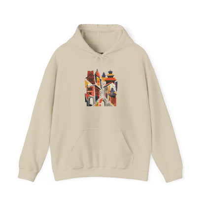 Cityscape Collage Hoodie — Colorful Urban Architecture Graphic Hoodie