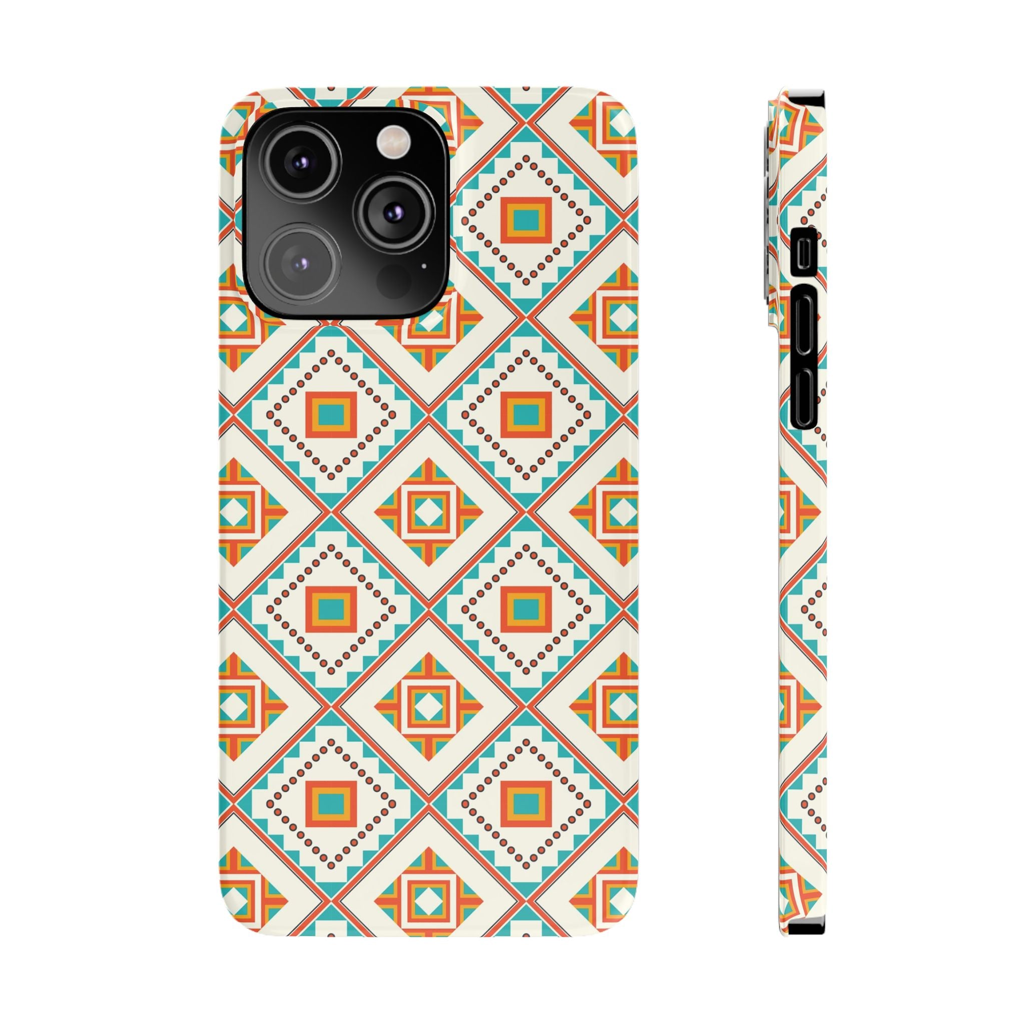 Slim Phone Case — Retro Geometric Tile Pattern (Turquoise & Orange)