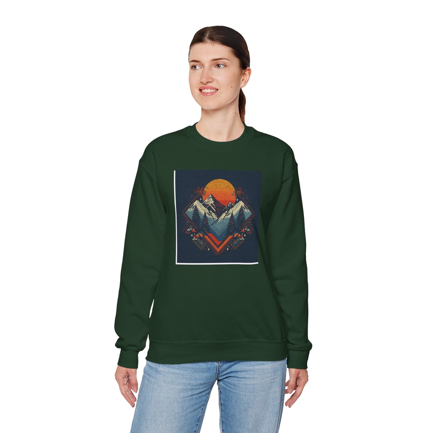 Mountain Sunset Crewneck Sweatshirt — Retro Geometric Peaks Graphic