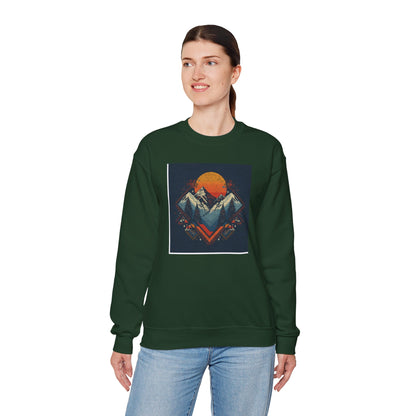 Mountain Sunset Crewneck Sweatshirt — Retro Geometric Peaks Graphic