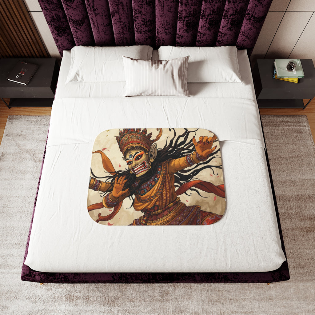 Mythic Dance Sherpa Blanket — Balinese Barong Art Throw