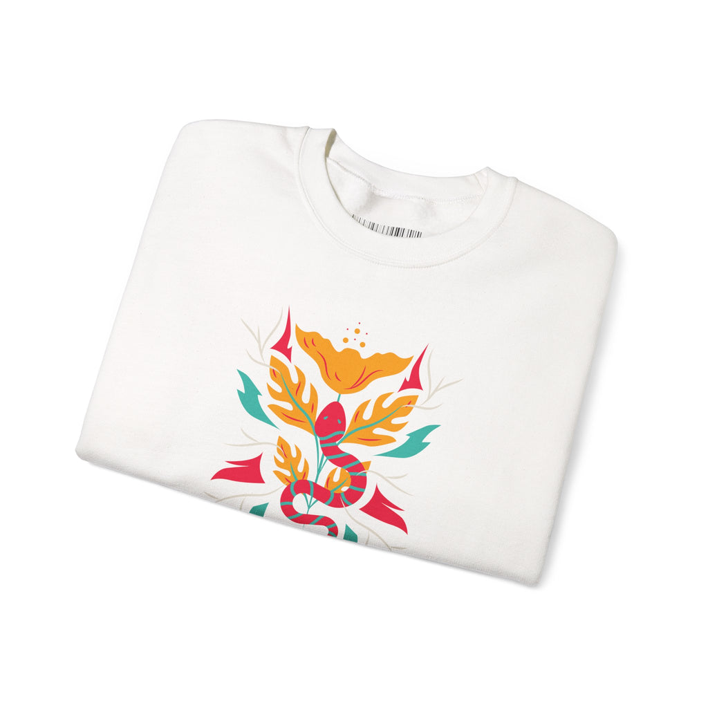 Sahajé Floral Snake Crewneck Sweatshirt — Colorful Botanical Serpent Graphic
