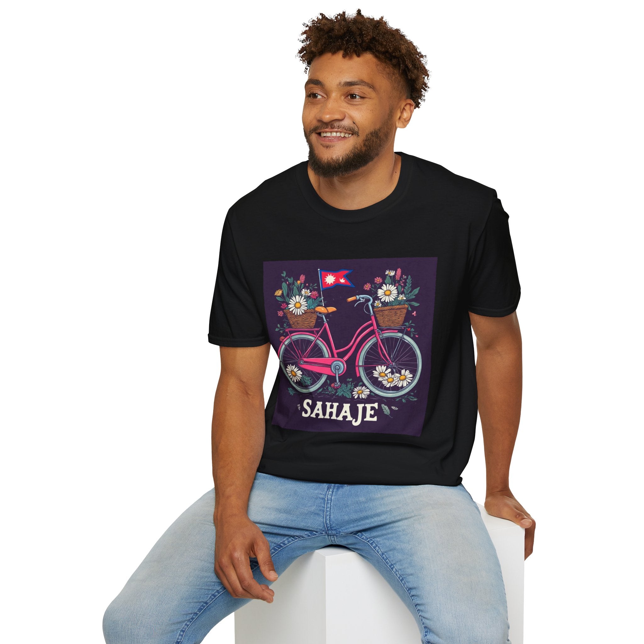 Bicycle Floral T-Shirt – Pink Bike with Baskets & "Sahaje" Text