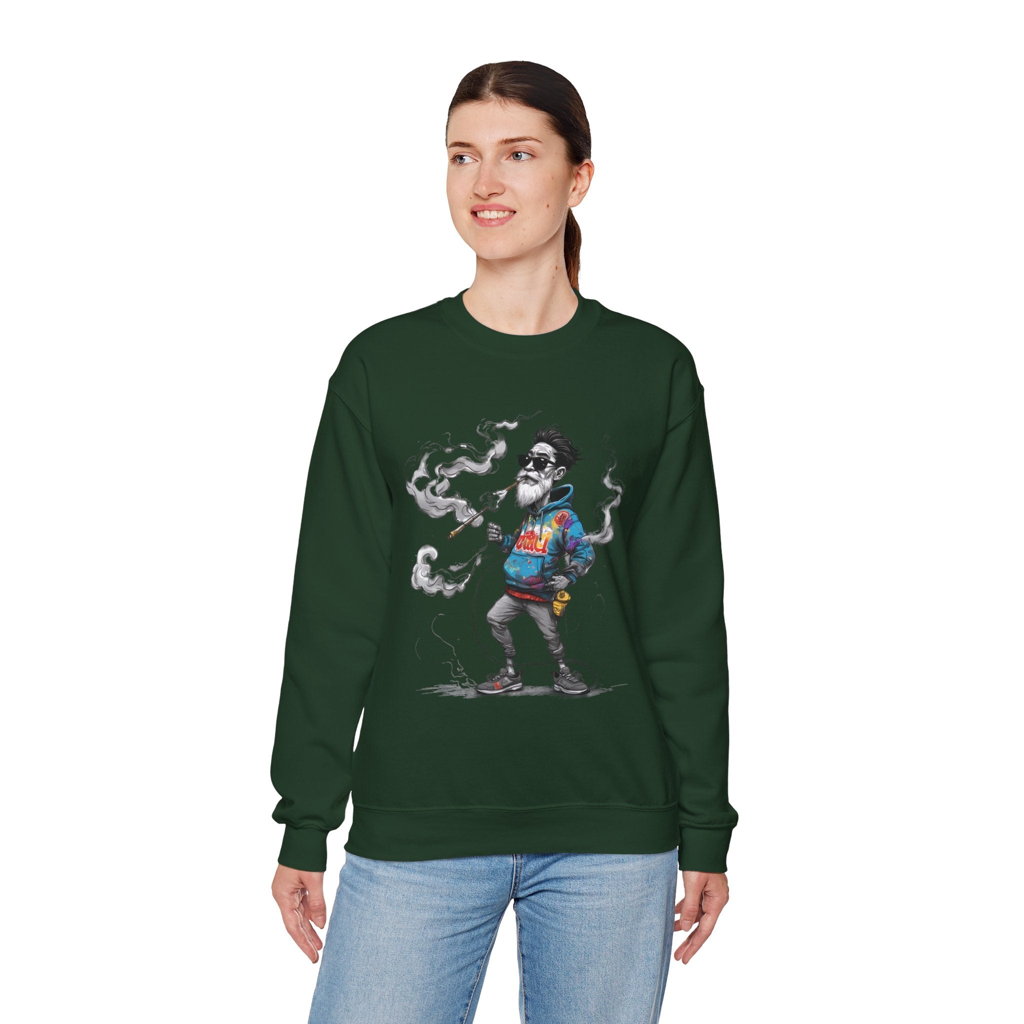 Crewneck Sweatshirt - Retro Cool Grandpa Smoking Pipe Illustration