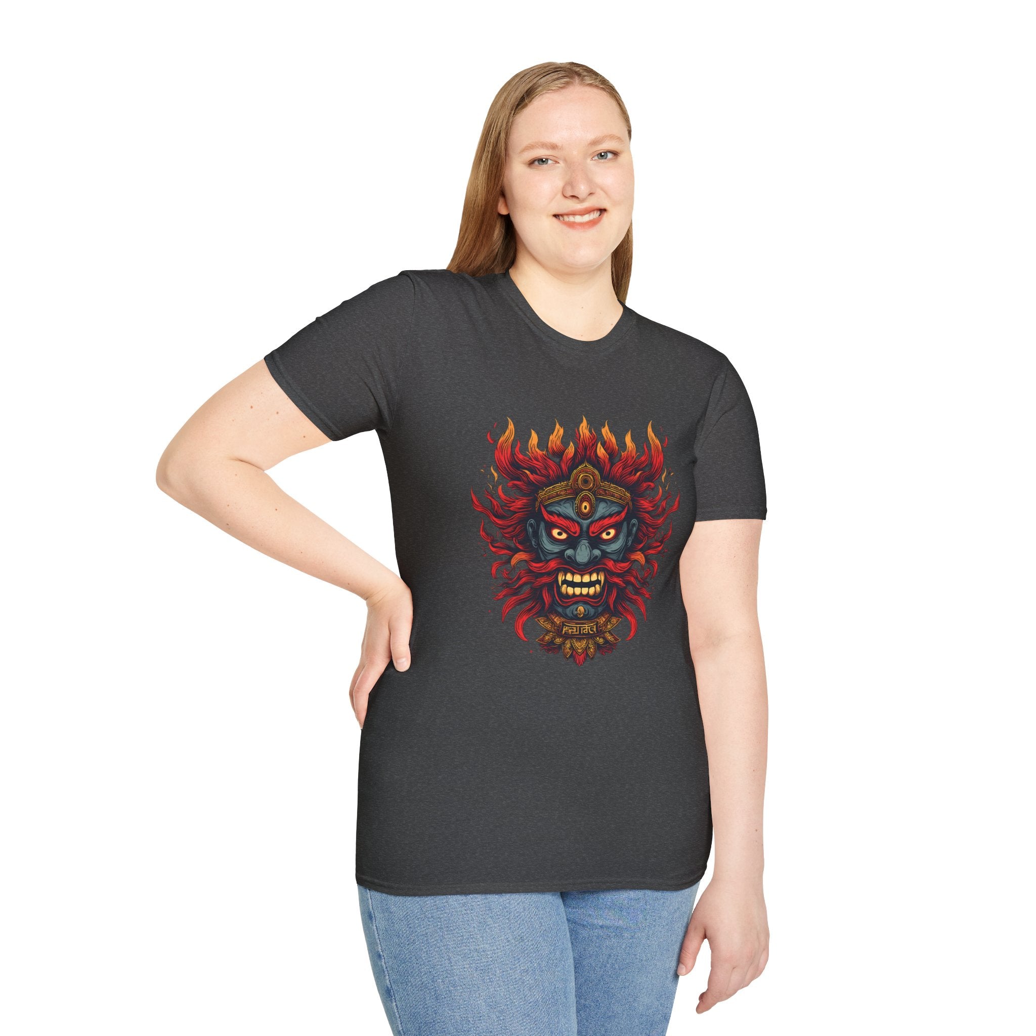 Flaming Demon Mask T-Shirt — Fierce Tattoo-Style Graphic Tee