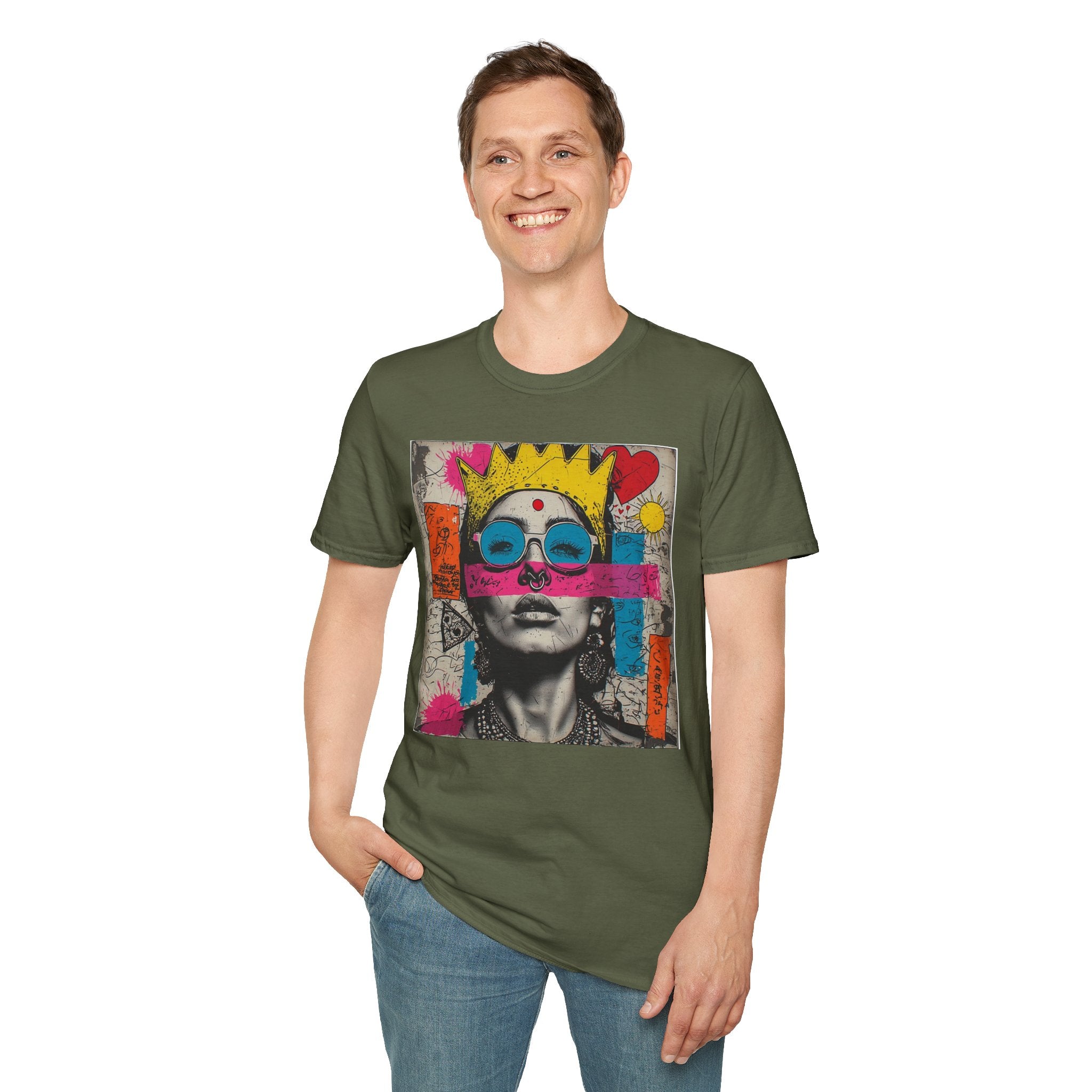 Abstract Pop Art Portrait T-Shirt — Neon Crown & Sunglasses Graphic