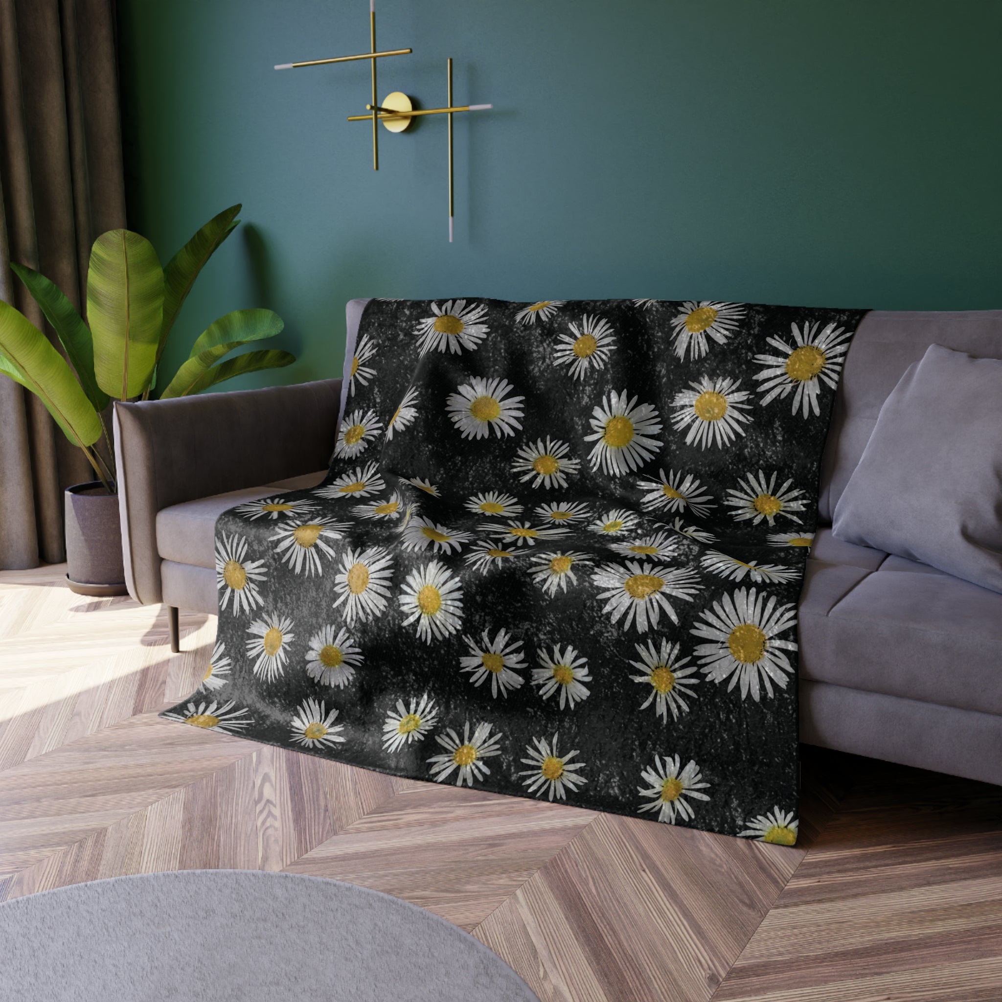 Crushed Velvet Blanket — Black Daisy Throw Blanket, Soft Floral Cozy Throw for Living Room & Bedroom