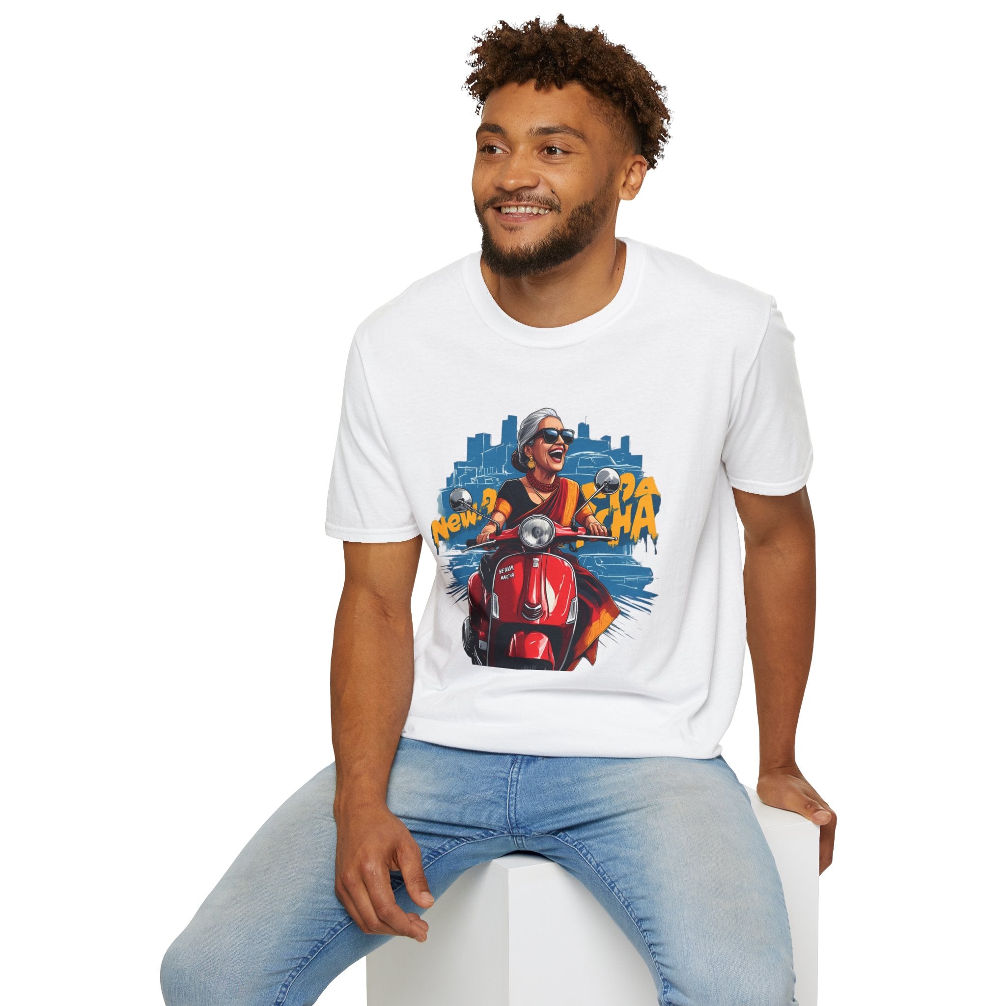 Newa Maicha Riding Scooter T-Shirt – Newari Woman in New York Graphic Tee, Cultural & Urban Design