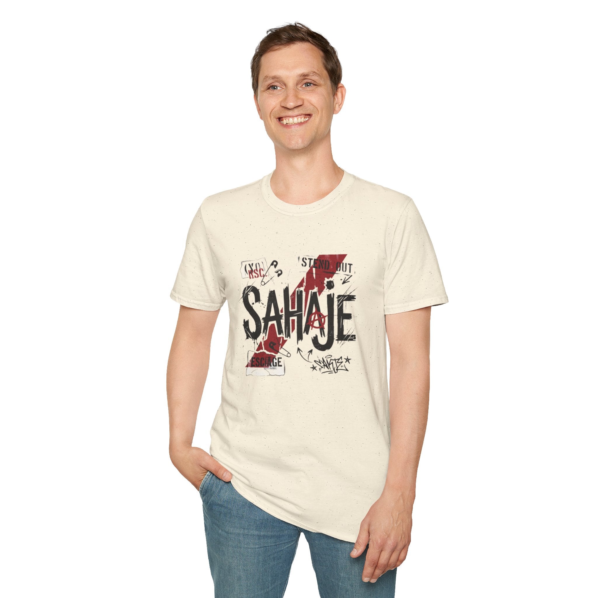 SAHAJE Graphic T‑Shirt — Distressed Red Accent Streetwear Tee