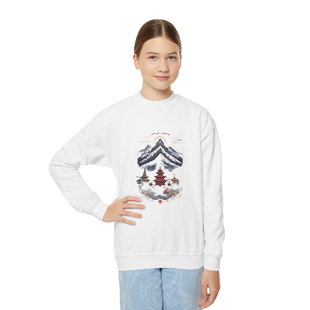 Youth Mountain Holiday Crewneck Sweatshirt — Cozy Winter Tree Graphic