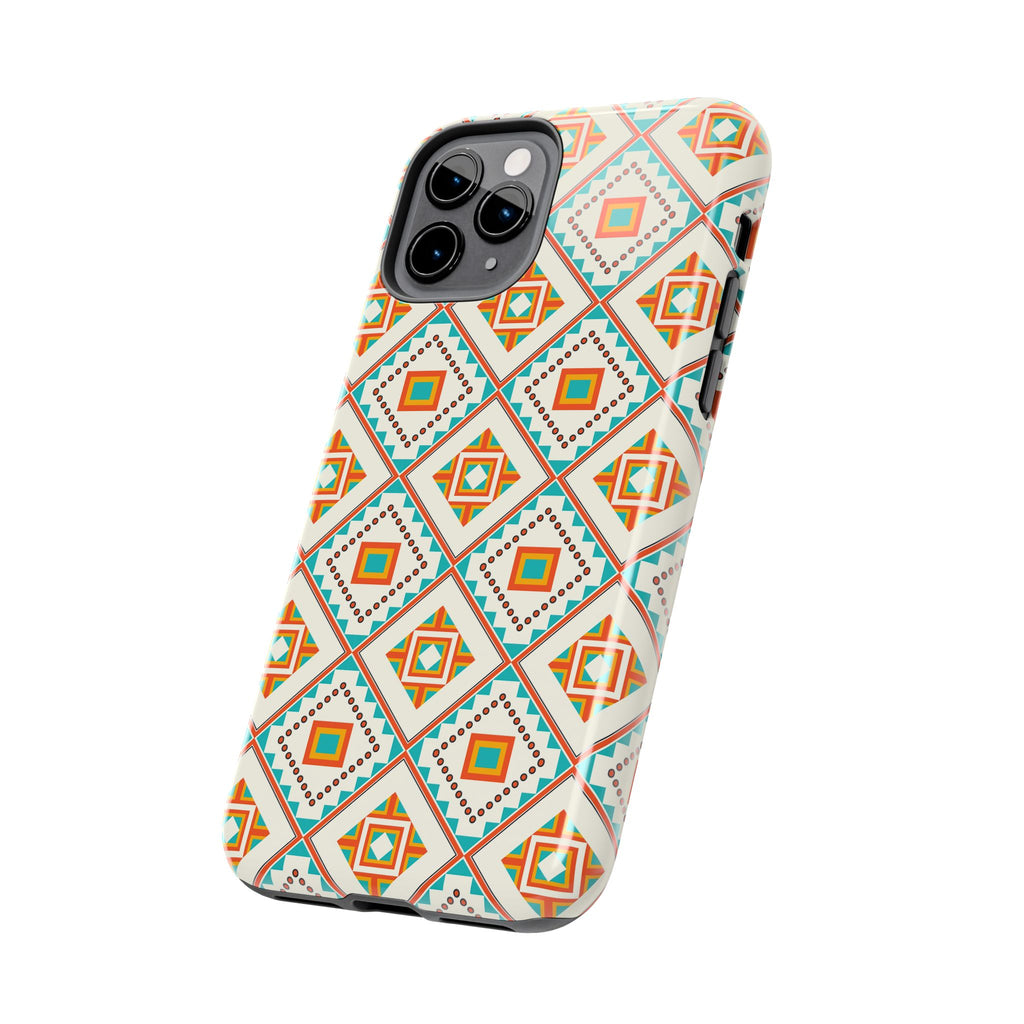 Tough Phone Case — Geometric Retro Tile Pattern, Orange & Teal Protective Cover