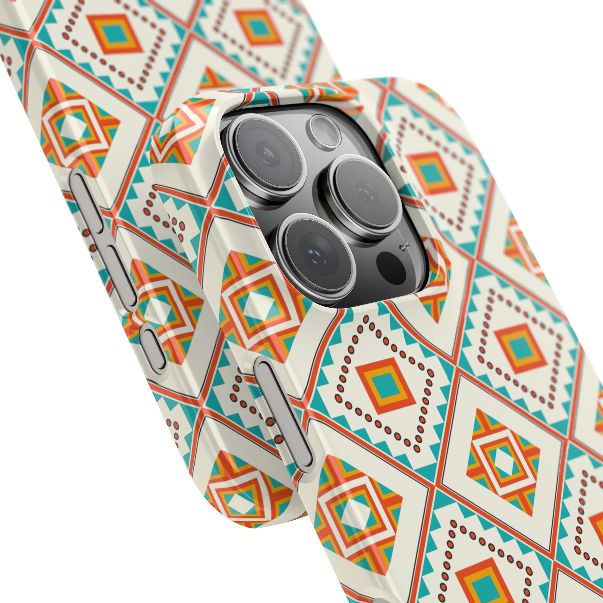 Slim Phone Case — Retro Geometric Tile Pattern (Turquoise & Orange)