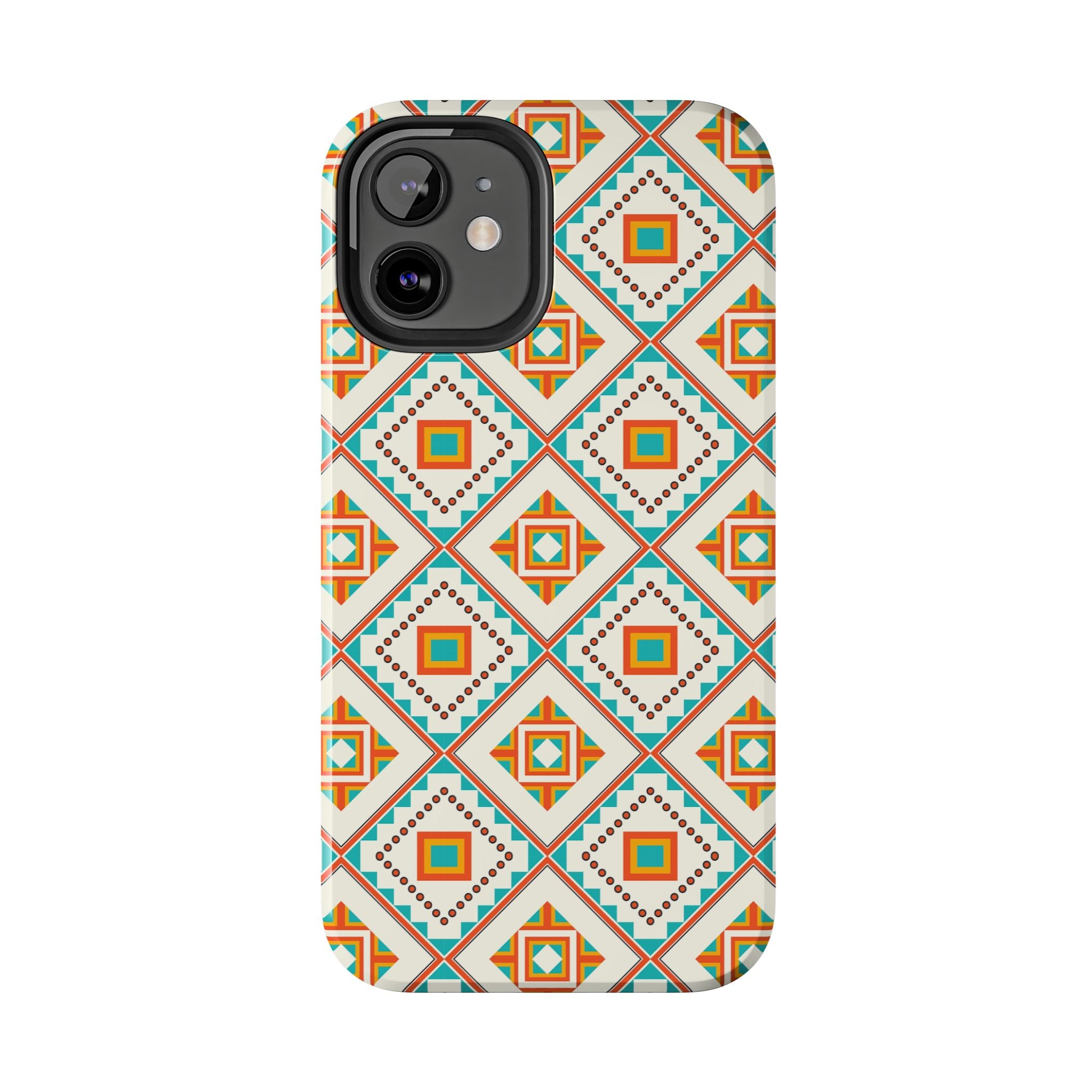 Tough Phone Case — Geometric Retro Tile Pattern, Orange & Teal Protective Cover