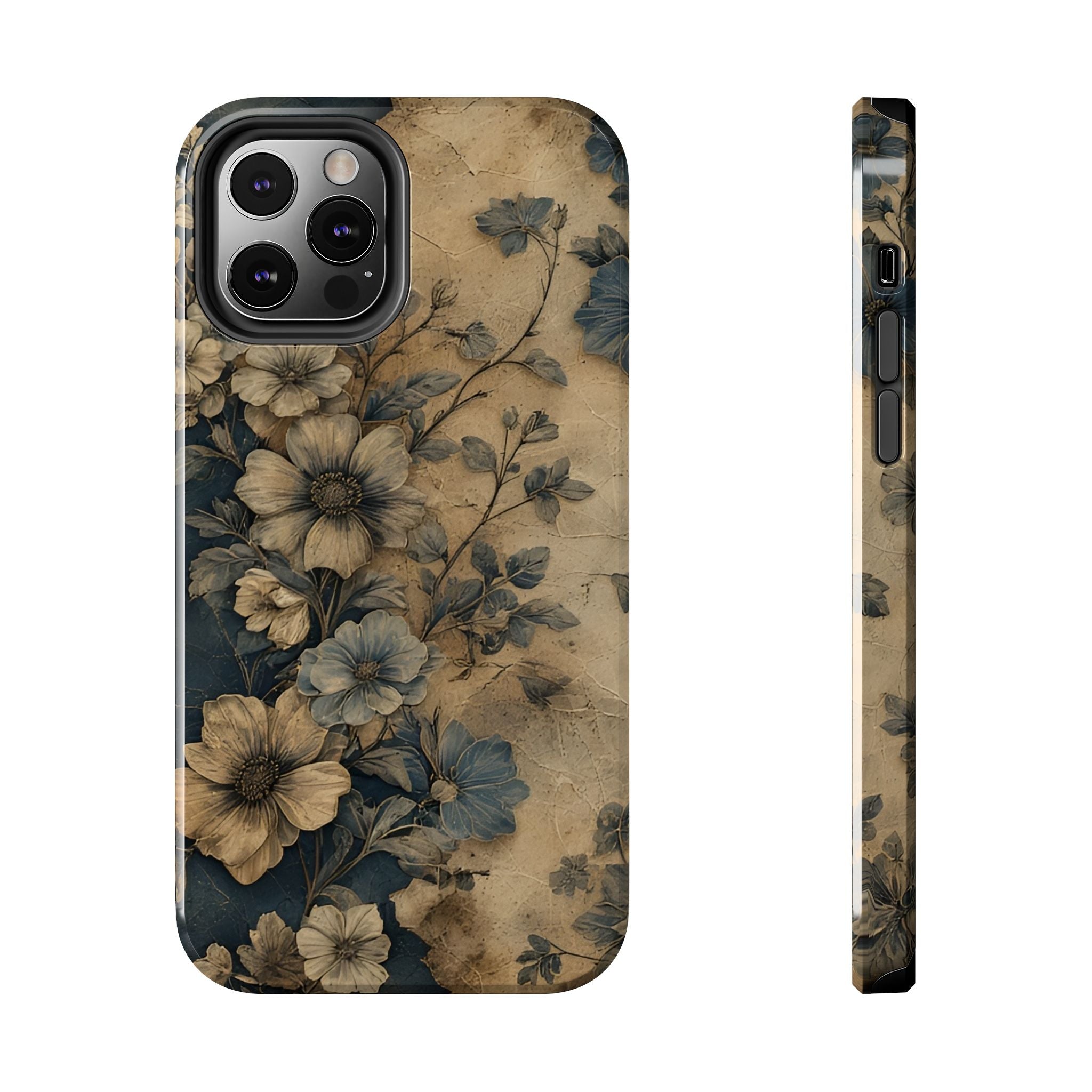 Vintage Floral Tough Phone Case — Antique Beige & Navy Protective Cover