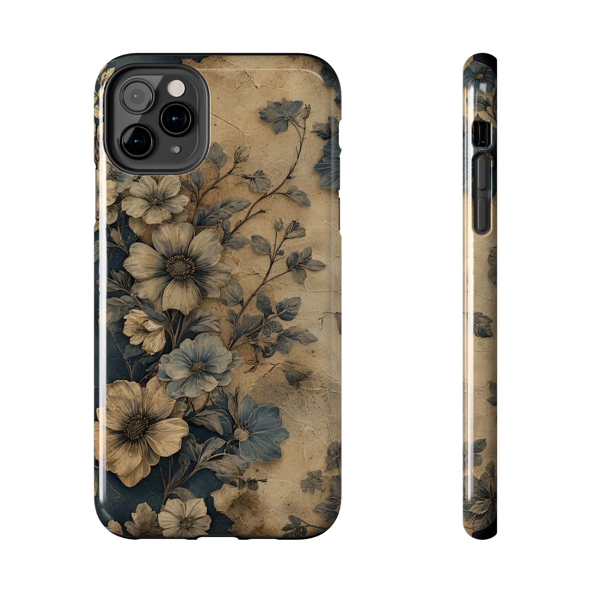 Vintage Floral Tough Phone Case — Antique Beige & Navy Protective Cover