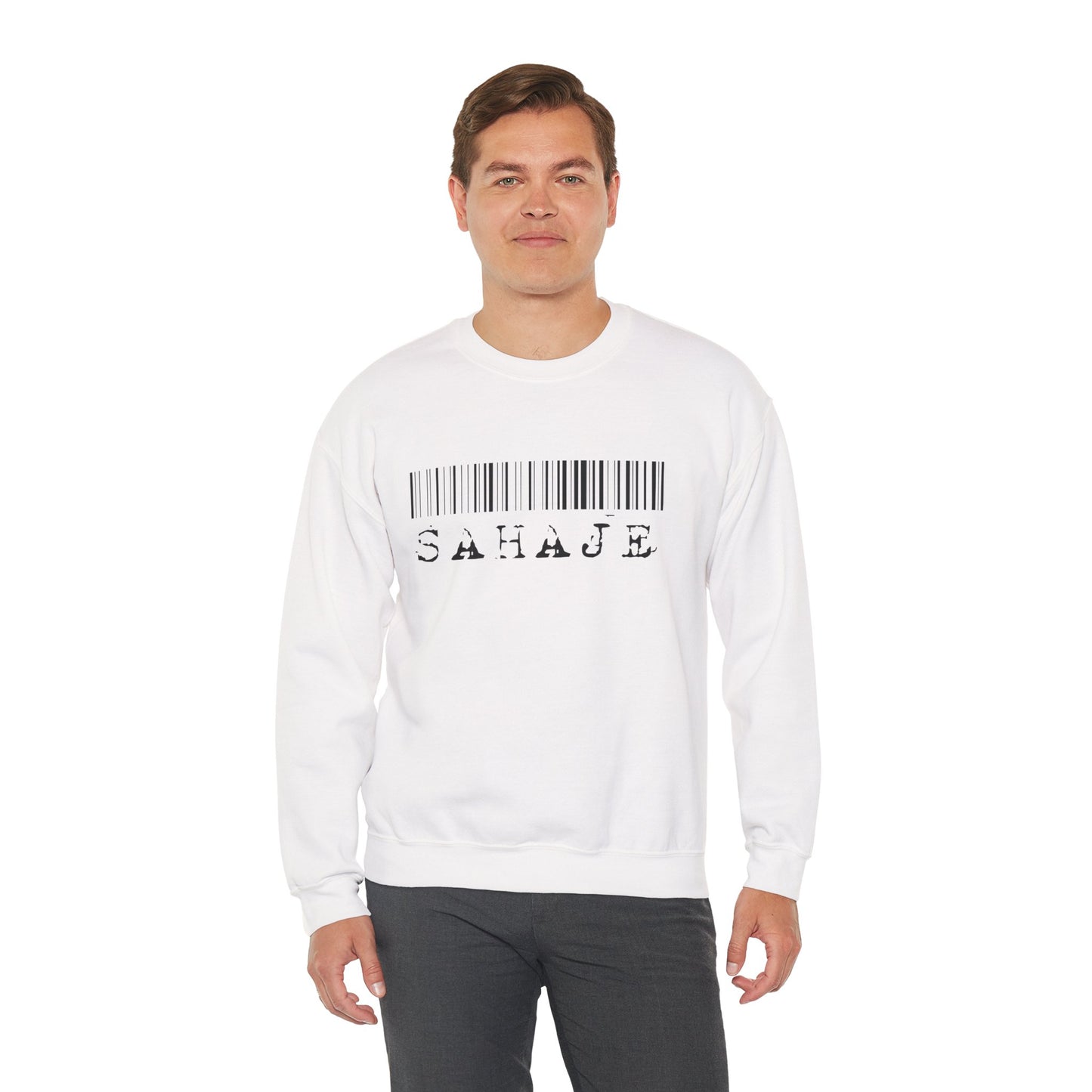 Sahaje Barcode Crewneck Sweatshirt — Minimalist White Graphic Pullover