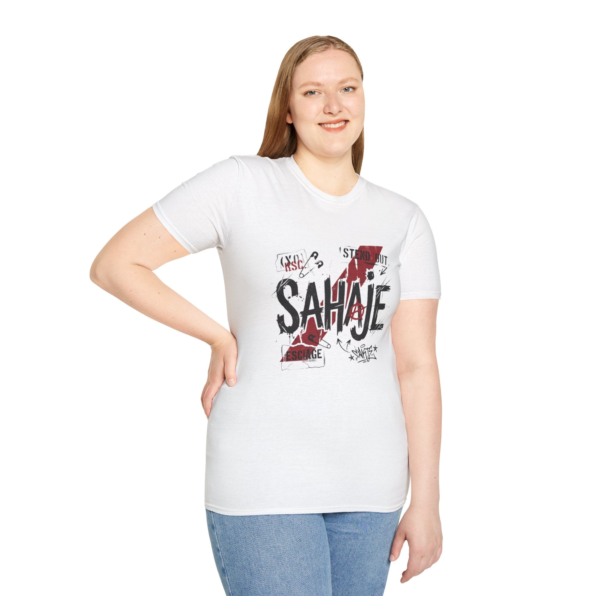 Sahajé Graphic T-Shirt — Bold Streetwear Tee with Red Slash Design