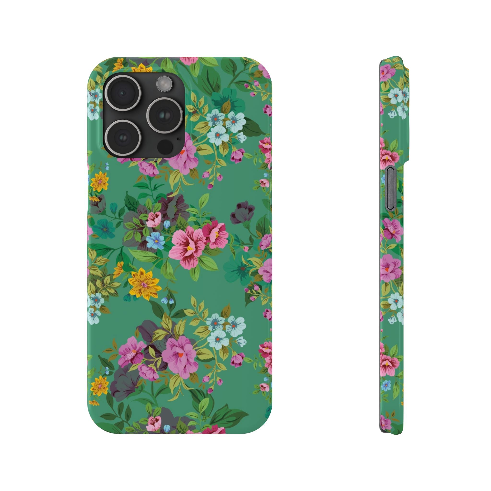 Floral Vintage Green Slim Phone Case — Pink & Yellow Garden Print