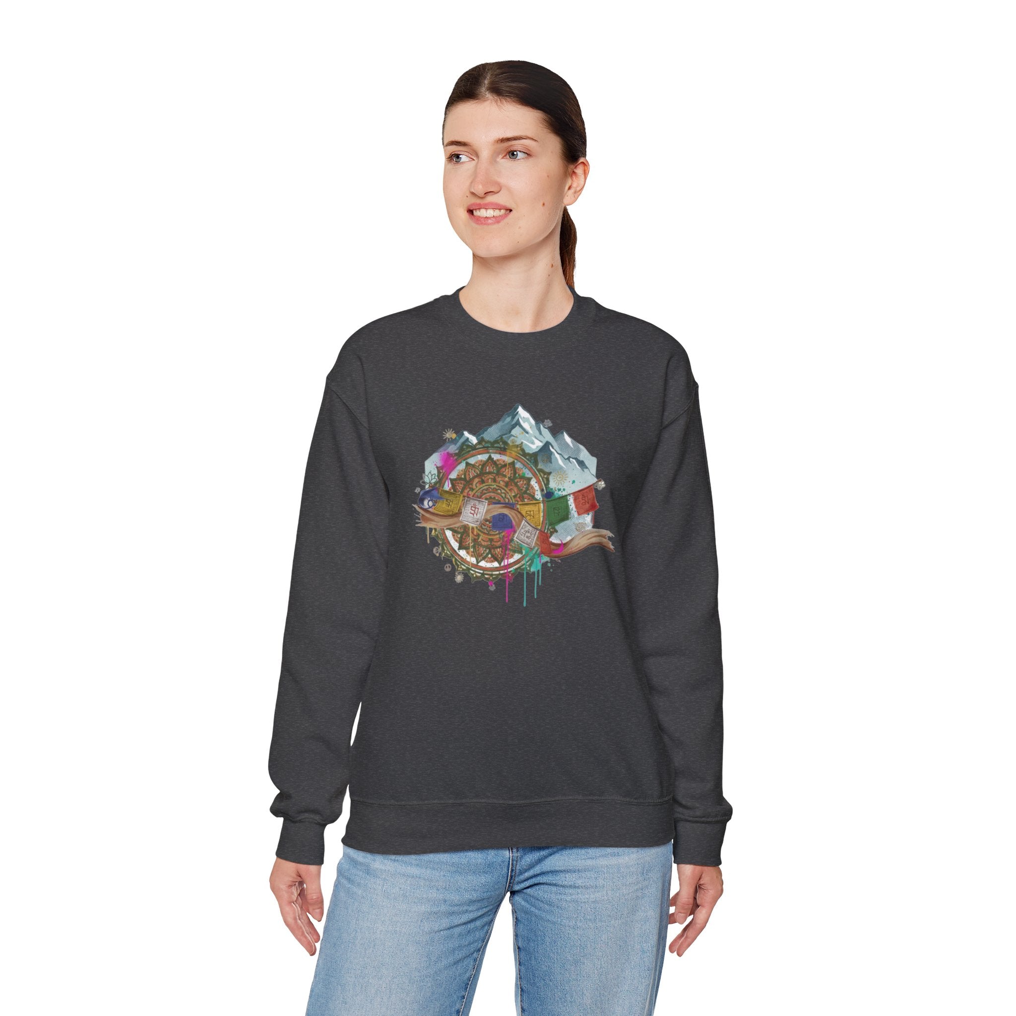Adventure Mountain Crewneck Sweatshirt — Colorful Hiking Compass & Peaks Design