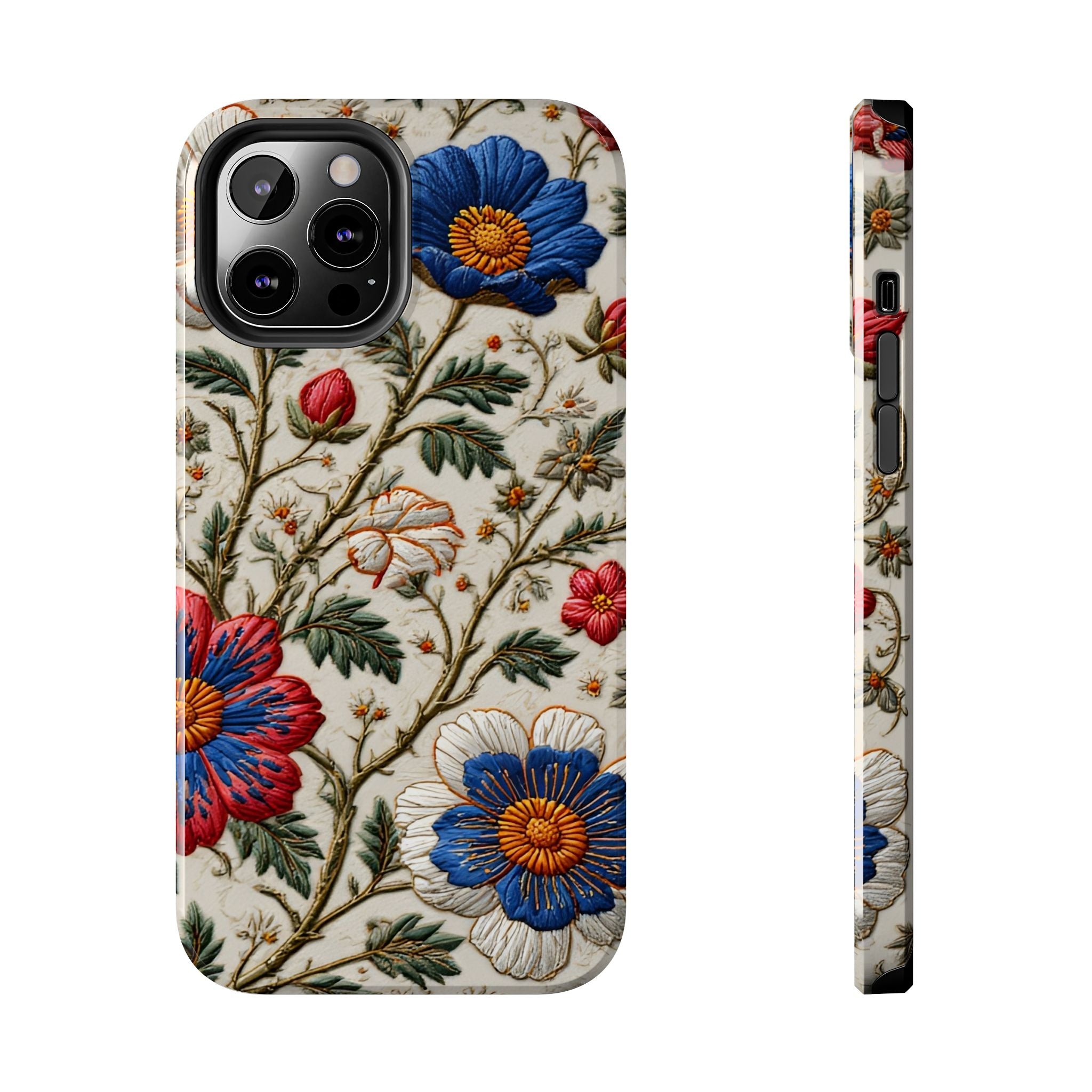 Floral Embroidery Tough Phone Case — Vintage Blue & Red Garden Design
