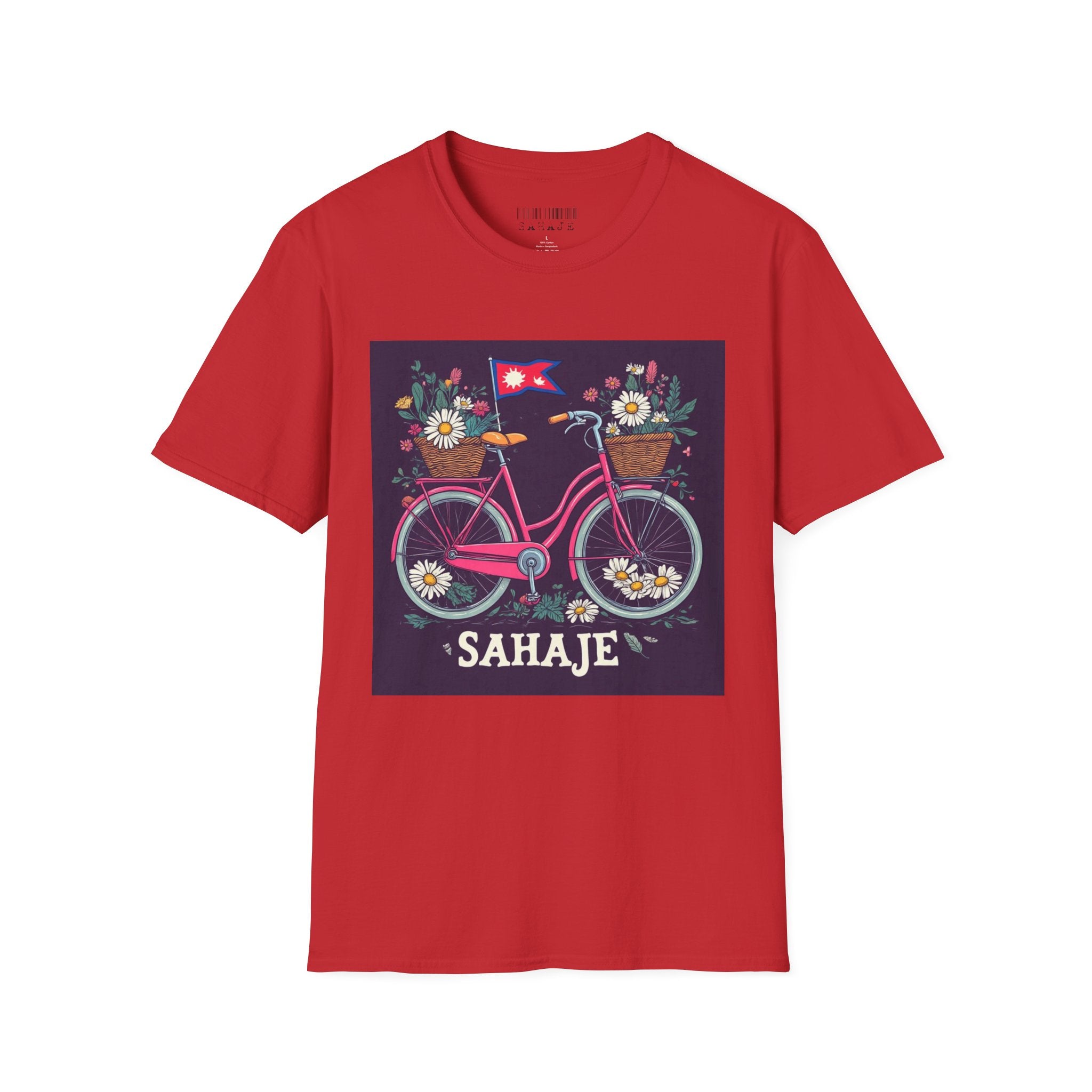 Bicycle Floral T-Shirt – Pink Bike with Baskets & "Sahaje" Text