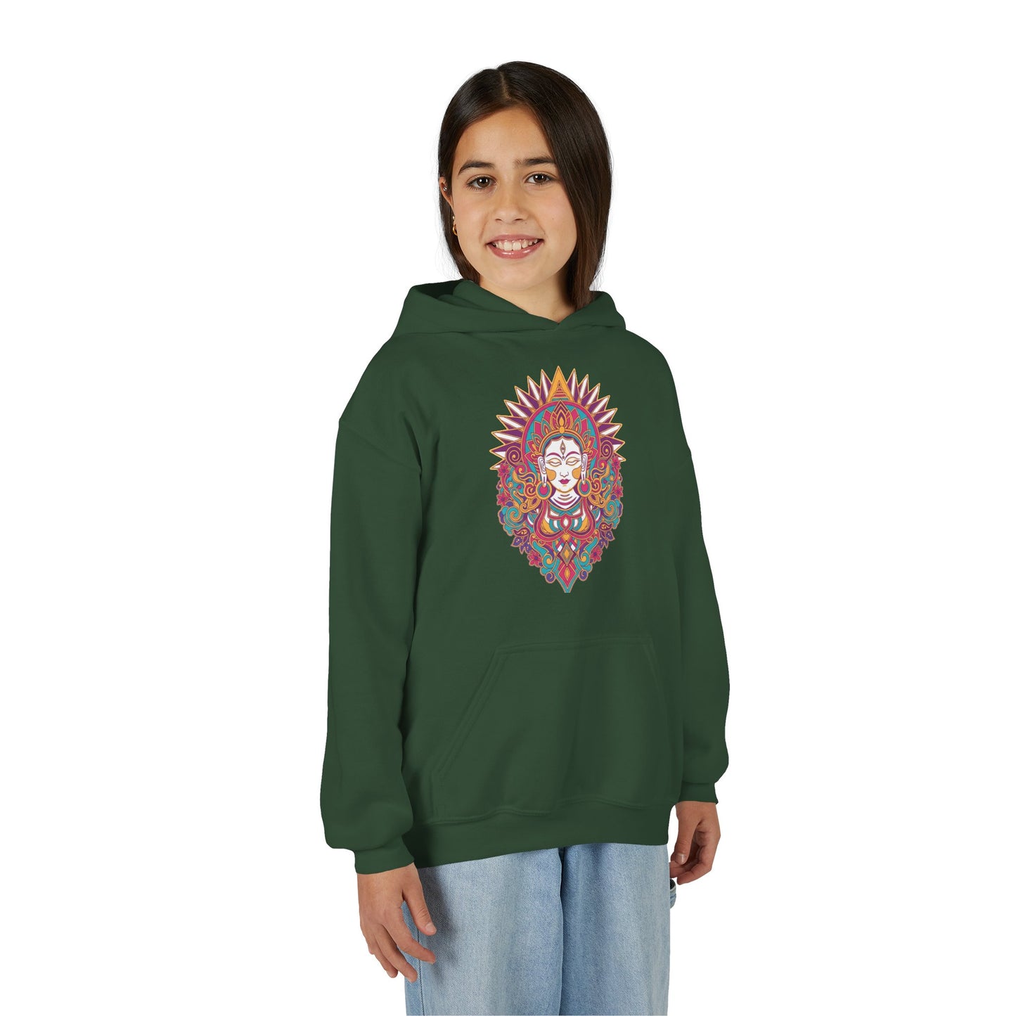 Youth Hoodie with Colorful Sugar Skull Goddess Design — Day of the Dead Kids Pullover